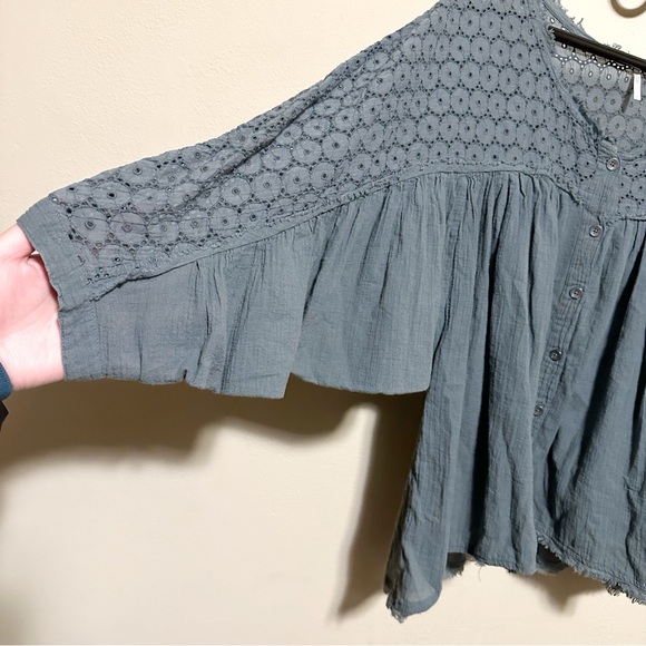 Free People | Two to Tango Cotton Eyelet Gauze Boho Green Blouse | Large - Picture 4 of 6
